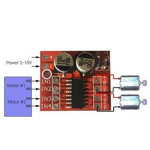MX1508 Mini Dual Channel 1.5A DC Motor Driver Module Mini L298N Replacement - shown with a wiring diagram connecting it to a power source, two control inputs, and two DC motors.