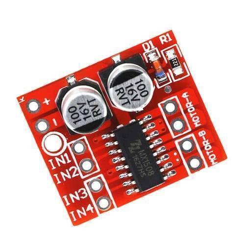MX1508 Mini Dual Channel 1.5A DC Motor Driver Module Mini L298N Replacement - a red rectangular circuit board with an integrated chip, two capacitors, and labeled input/motor ports.
