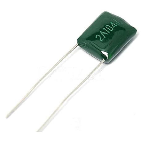 MYLAR 400V 2A104J Color Mylar Polyester Film Capacitor - a green, rectangular-shaped film capacitor with two long metal wire leads extending from one side.