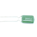 Mylar Film Capacitor 100V 2A683J 0.068uF 68nF 2A683 5% Polyester Film Capacitor - a small, rectangular green polyester film capacitor with two long metal wire leads extending from one side.