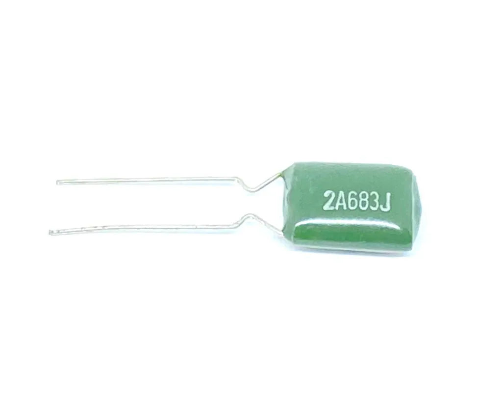 Mylar Film Capacitor 100V 2A683J 0.068uF 68nF 2A683 5% Polyester Film Capacitor - a small, rectangular green polyester film capacitor with two long metal wire leads extending from one side.