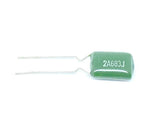 Mylar Film Capacitor 100V 2A683J 0.068uF 68nF 2A683 5% Polyester Film Capacitor - a small, rectangular green polyester film capacitor with two long metal wire leads extending from one side.