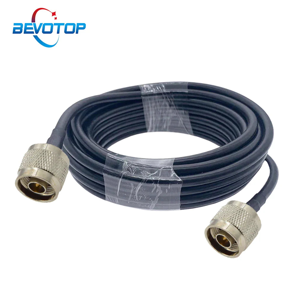 N Male To n Male Low Loss Cable Extension Antenna (60 FEET) For 2g 3g 4g Signal Booster Without - a black coaxial cable coiled and secured with tape, featuring two silver N-type male connectors at the ends.