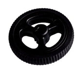 N20 Motor Rubber Wheel – 34mm Diameter (Black) | Digilog.pk - a round, black plastic wheel with a textured outer tread and a three-spoke center hub.