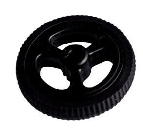N20 Motor Rubber Wheel – 34mm Diameter (Black) | Digilog.pk - a round, black plastic wheel with a textured outer tread and a three-spoke center hub.