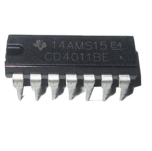 Nand Gate CD4011 IC CMOS Quad 2 Input Nand Gate - CD4011BE IC, a black rectangular 14-pin CMOS quad 2-input NAND gate integrated circuit shown from a top-down perspective.