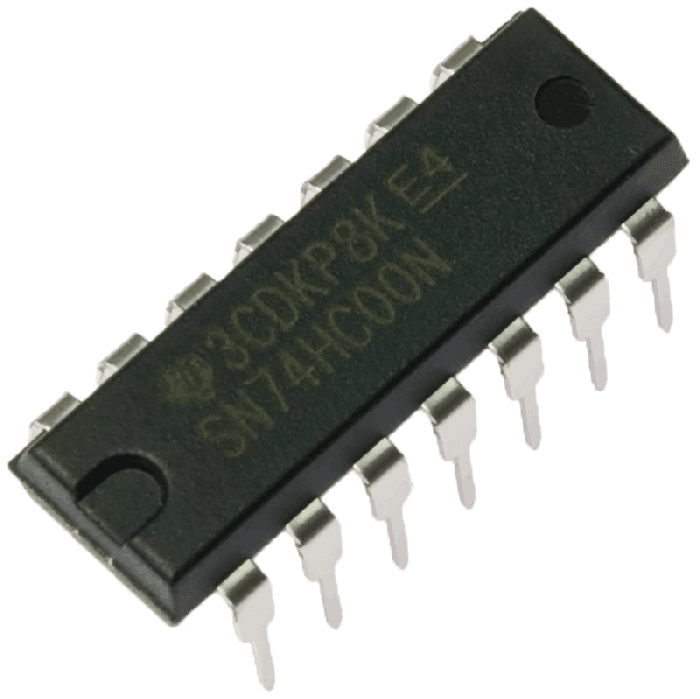 Nand Gates IC 74HC00 Nand IC 7400 74LS00 - a black 14-pin dual in-line package integrated circuit with SN74HC00N printed on the top surface.
