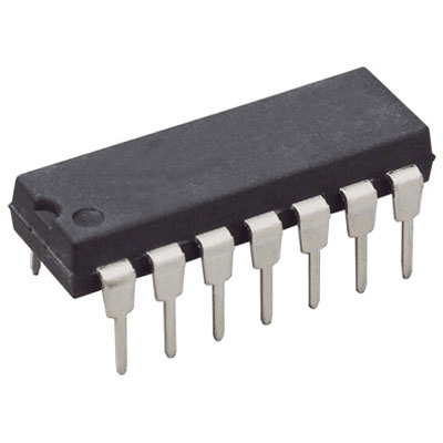 Nand Gates IC 74HC00 Nand IC 7400 74LS00 - a black, rectangular dual in-line package integrated circuit with fourteen metallic connector pins.
