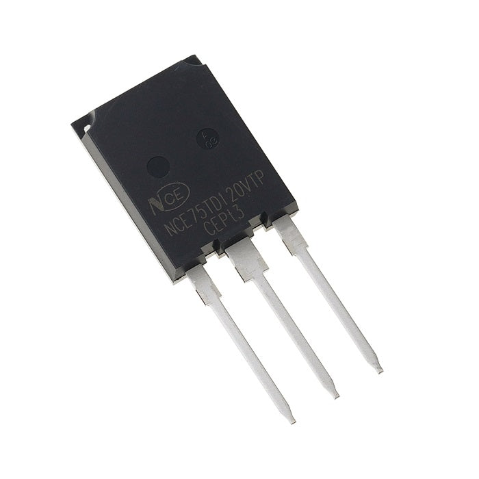 NCE 75TD120 IGBT MOSFET Power Semiconductor - a black, rectangular power semiconductor component with three metal pins extending from its base.