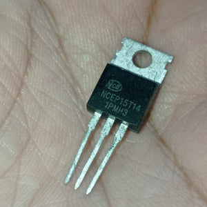 NCEP15T14 MOSFET – 150V, High-Efficiency Power Transistor for DC-DC Converters, Motor Drivers, Arduino Projects - a black three-pin electronic transistor with a metal mounting tab, held in a person's palm.