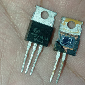 NCEP15T14 MOSFET – 150V, High-Efficiency Power Transistor for DC-DC Converters, Motor Drivers, Arduino Projects - two black TO-220 power transistors held in a hand, one intact with visible text and one with the casing partially broken.