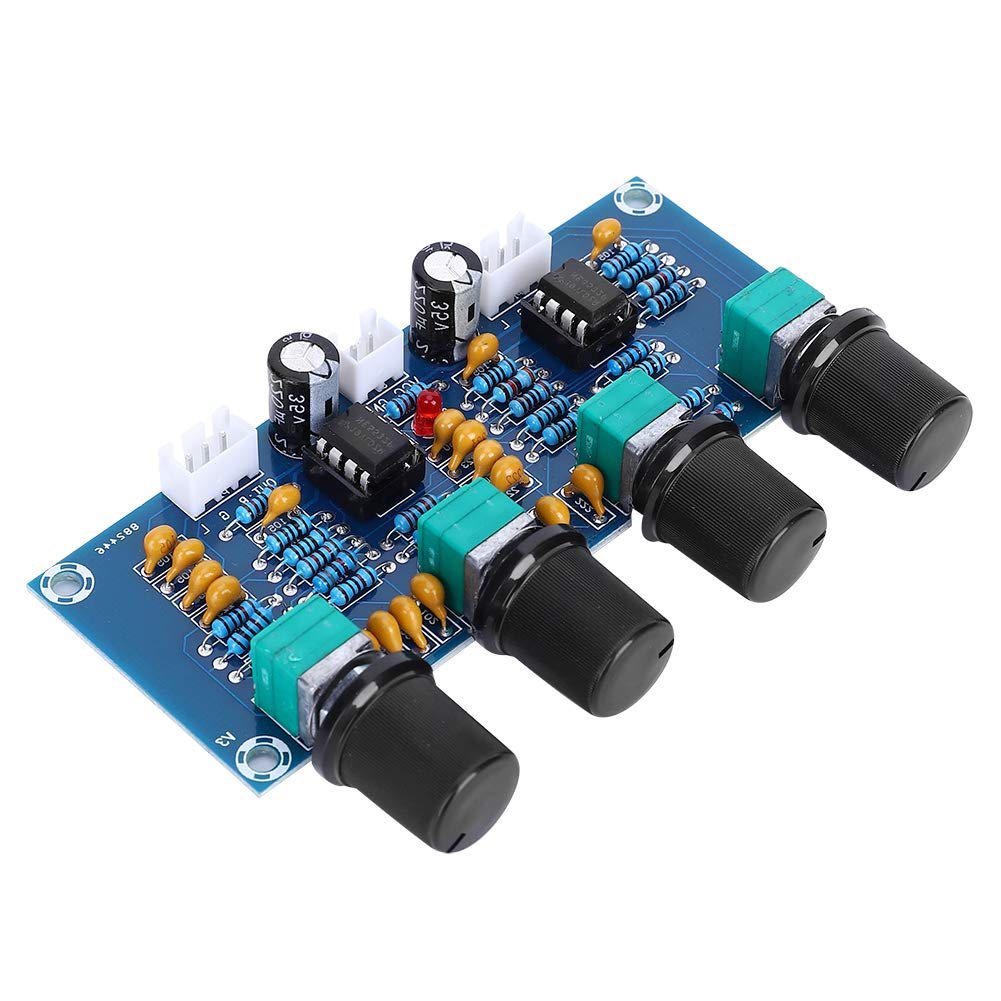 NE5532 4-Way Pre-Amplifier Tone Board – Volume, Treble, Midrange & Bass Control (DC 12V-24V) - a blue circuit board with four black control knobs, two integrated circuits, capacitors, and connectors.