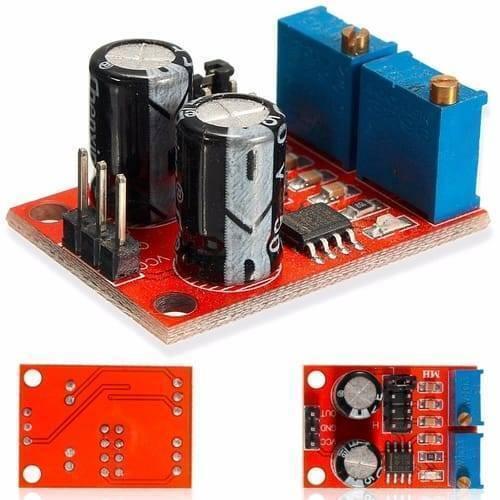 NE555 Pulse Frequency Duty Cycle Adjustable Module Square Wave Signal Generator - shown from three angles, featuring a red circuit board, two electrolytic capacitors, and two knobs.