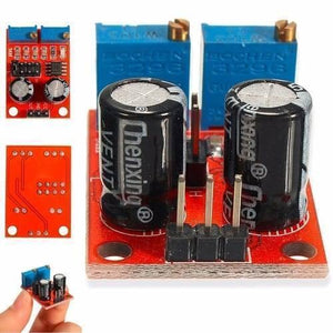 NE555 Pulse Frequency Duty Cycle Adjustable Module Square Wave Signal Generator - shown in multiple angles, featuring a red circuit board, two blue potentiometers, and two capacitors.