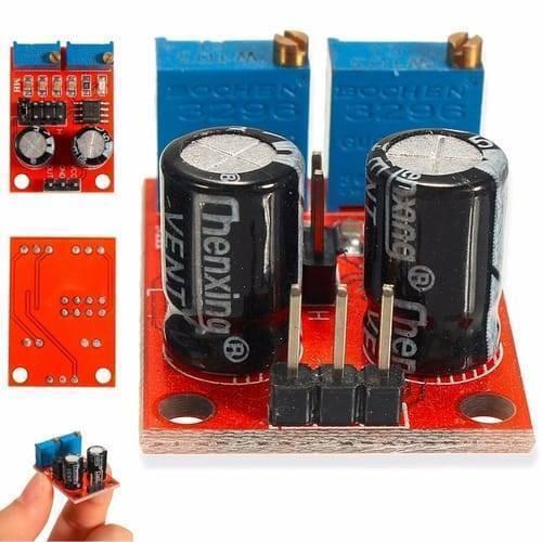 NE555 Pulse Frequency Duty Cycle Adjustable Module Square Wave Signal Generator - shown in multiple angles, featuring a red circuit board, two blue potentiometers, and two capacitors.