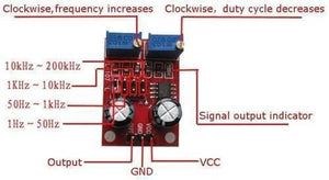 NE555 Pulse Frequency Duty Cycle Adjustable Module Square Wave Signal Generator - shown as a red circuit board with two blue potentiometers, a jumper, two capacitors, and three pins.