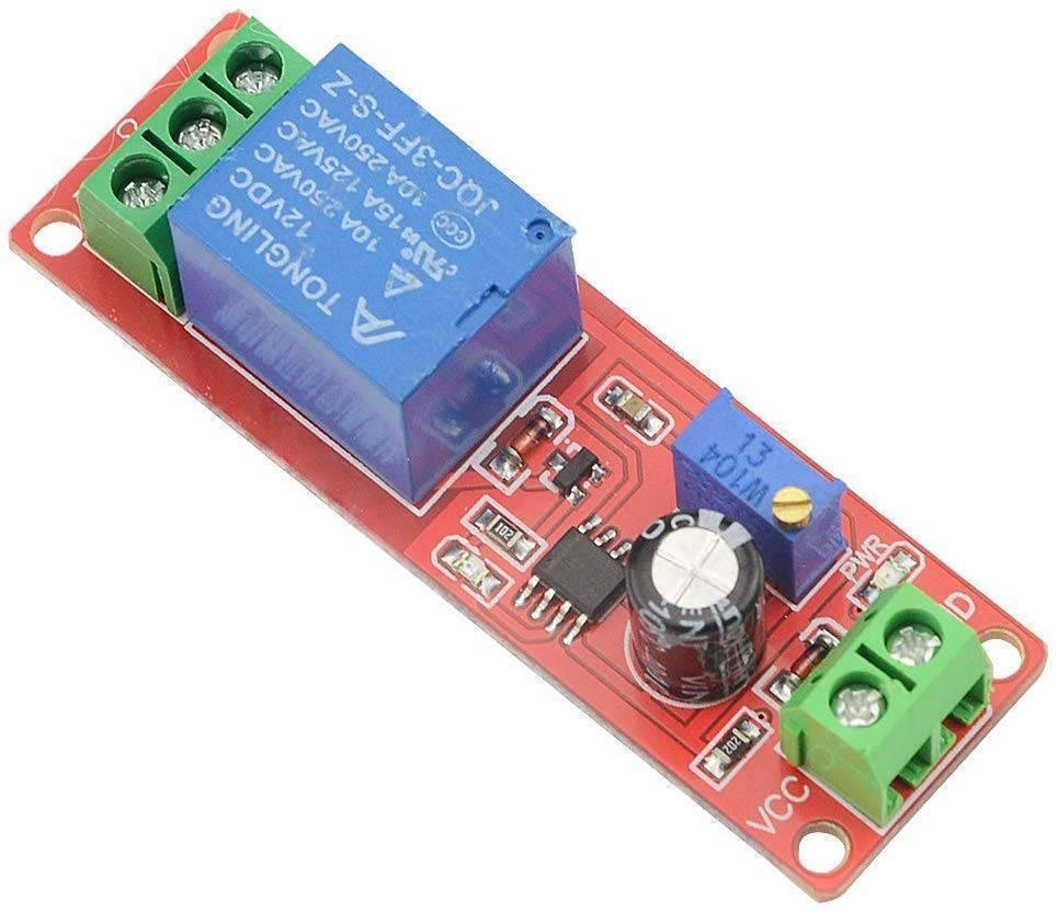 NE555 Timer Switch Adjustable Module Time Delay Relay Module DC 12V - a blue relay, a blue potentiometer, a black capacitor, and two green screw terminal connectors.