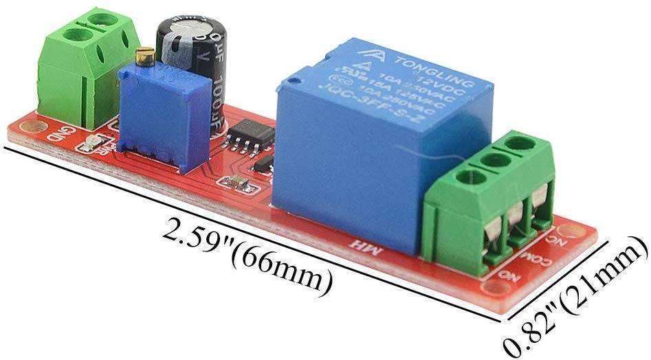 NE555 Timer Switch Adjustable Module Time Delay Relay Module DC 12V - a red circuit board featuring a blue relay, a blue potentiometer, a black capacitor, and green terminal blocks.