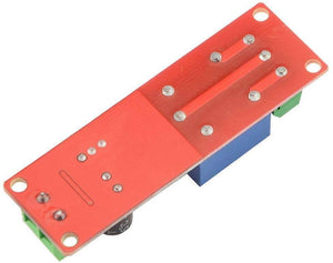 NE555 Timer Switch Adjustable Module Time Delay Relay Module DC 12V - the bottom view of the red rectangular circuit board with a blue relay, green terminal blocks, and solder points.