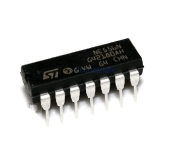 NE556 Dual Timer IC - a black rectangular electronic component with 14 metal pins, shown in a close-up view against a white background.