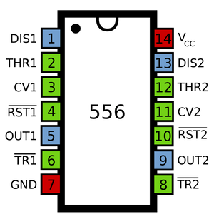 NE556 Dual Timer IC - a diagram showing the 14-pin layout with labeled pins, including Vcc, GND, DIS, THR, CV, RST, OUT, and TR for both timers.