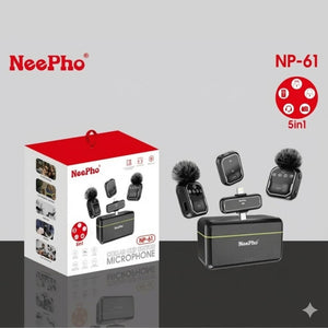 Neepho NP-61 Wireless Microphone 5-in-1 Lavalier Mic - the product packaging box next to two black lapel mics, a charging case, and a receiver connector.