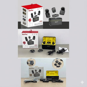 Neepho NP-61 Wireless Microphone 5-in-1 Lavalier Mic - the black charging case, two transmitters, receiver, fuzzy windscreens, cables, and retail packaging box.