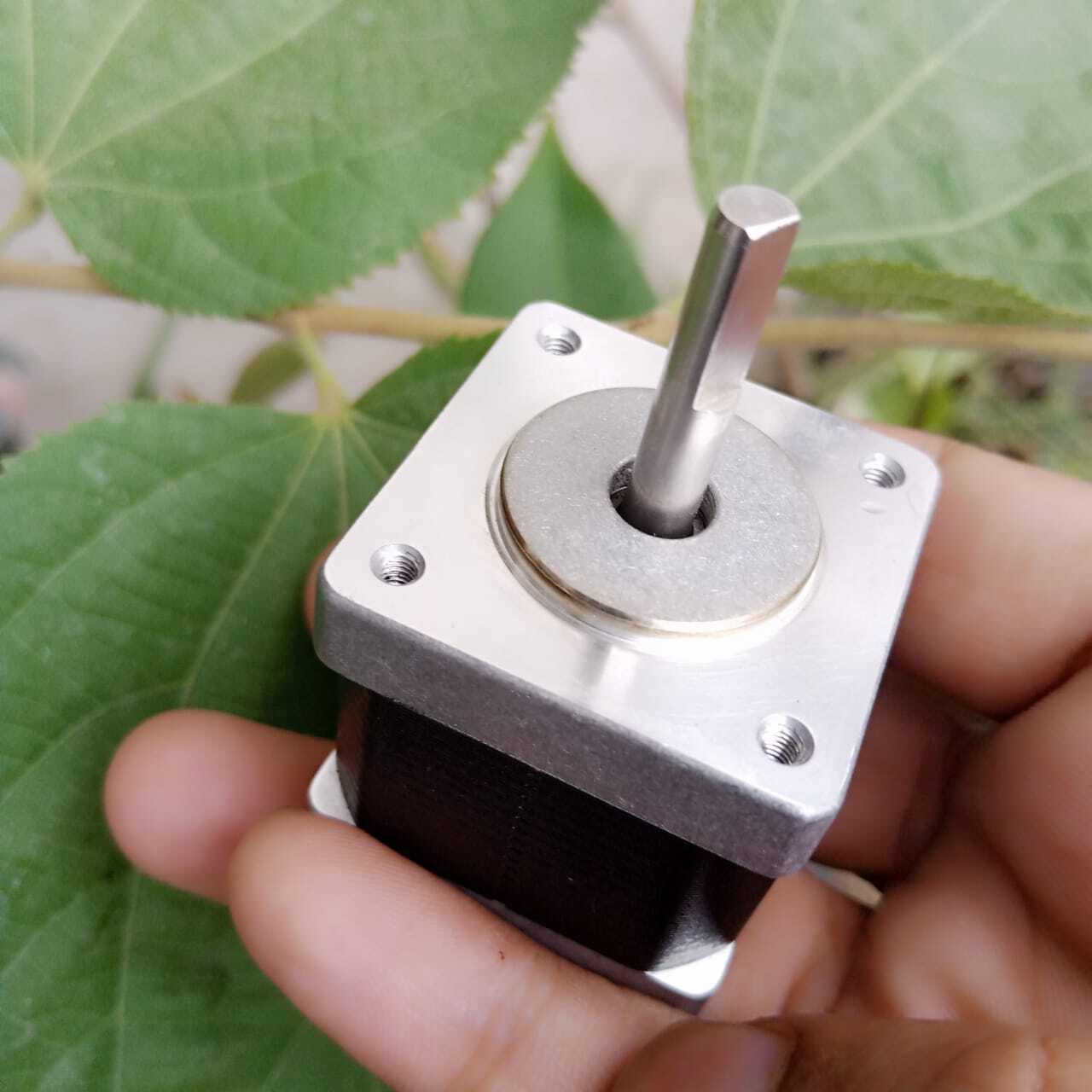 NEMA 11 stepper motor without connector - a square silver and black motor with a single protruding metal shaft, held in a hand against a background of green leaves.
