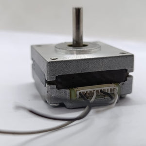 NEMA 14 Stepper motor KH39EM2-045C 0.6A JAPAN SERVO Pancake Stepper Motor - a silver, square-shaped motor with a central metal shaft and a white multi-pin connector with two attached wires.