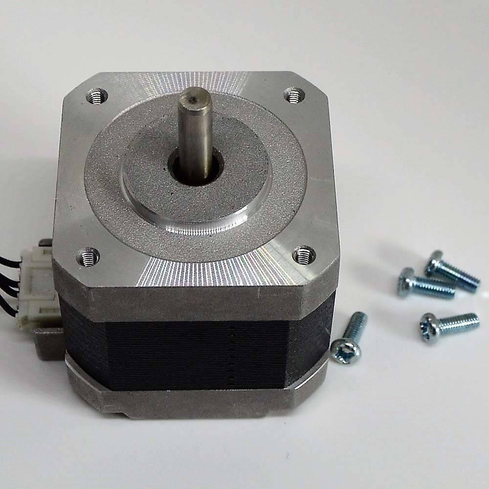 NEMA 17 4 Wire Stepper Motor NEMA17 Stepper Motor REFIRBISHED - shown with a silver metal body, a protruding drive shaft, a white electrical connector, and four loose screws.