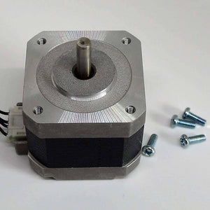NEMA 17 4 Wire Stepper Motor NEMA17 Stepper Motor REFIRBISHED - shown with a silver metal body, a protruding drive shaft, a white electrical connector, and four loose screws.