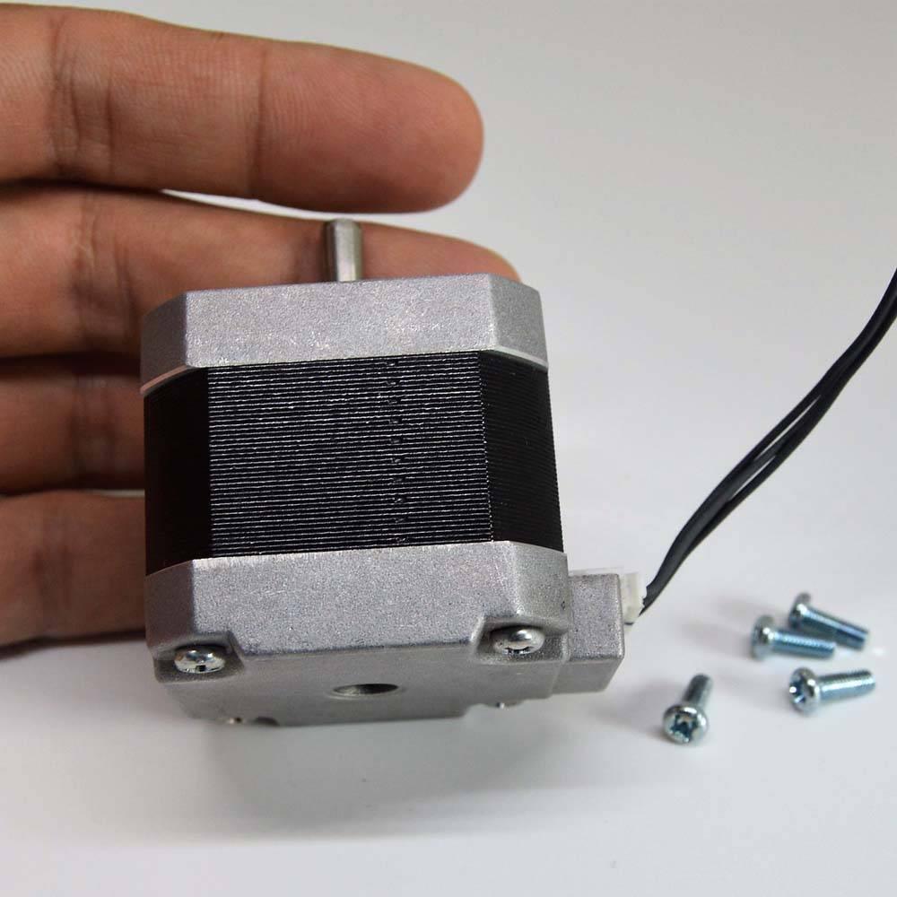 NEMA 17 4 Wire Stepper Motor NEMA17 Stepper Motor REFIRBISHED - a silver and black square motor with a metal shaft, a white connector, and three small mounting screws.