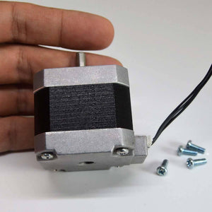 NEMA 17 4 Wire Stepper Motor NEMA17 Stepper Motor REFIRBISHED - a silver and black square motor with a metal shaft, a white connector, and three small mounting screws.