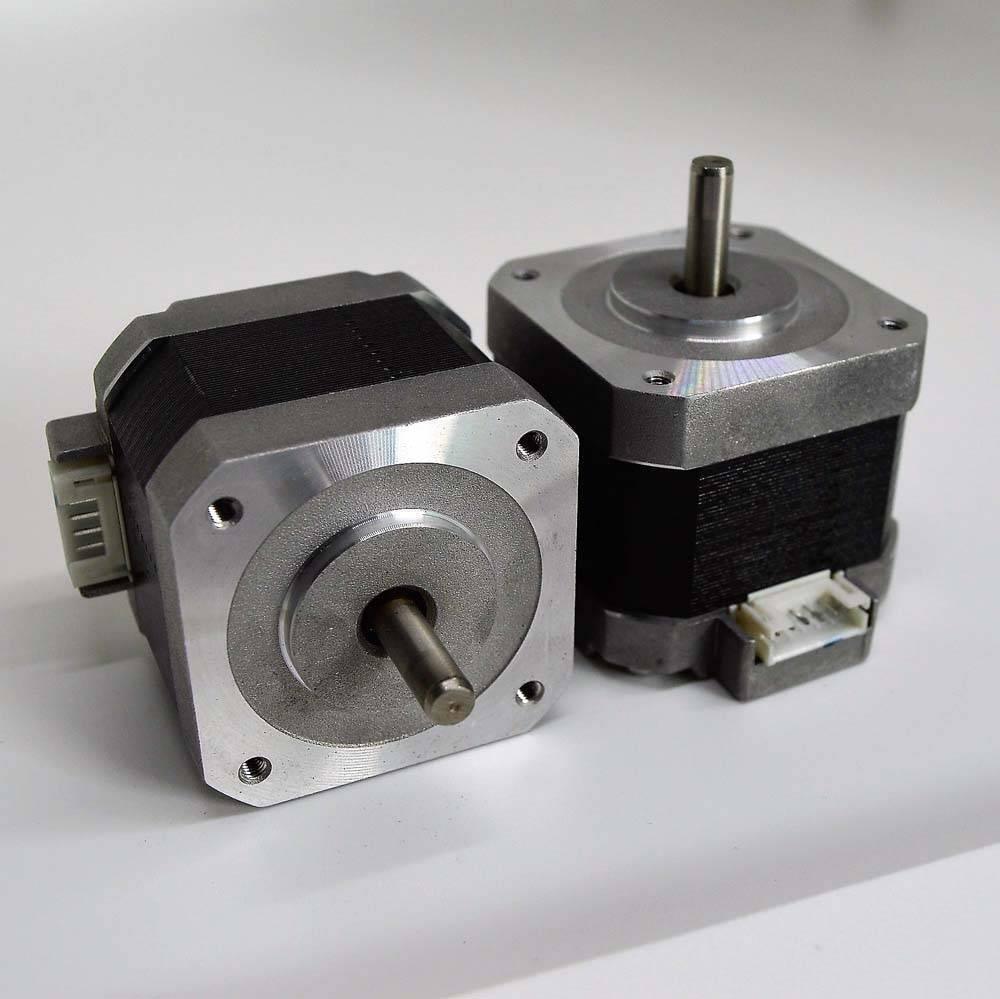 NEMA 17 4 Wire Stepper Motor NEMA17 Stepper Motor REFIRBISHED - two silver and black square stepper motors with protruding shafts and white electrical connectors.