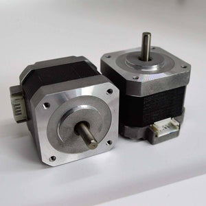 NEMA 17 4 Wire Stepper Motor NEMA17 Stepper Motor REFIRBISHED - two silver and black square stepper motors with protruding shafts and white electrical connectors.