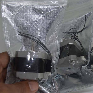 NEMA 17 4 Wire Stepper Motor NEMA17 Stepper Motor REFIRBISHED - shown as two silver and black stepper motors with attached wires inside individual clear anti-static bags.