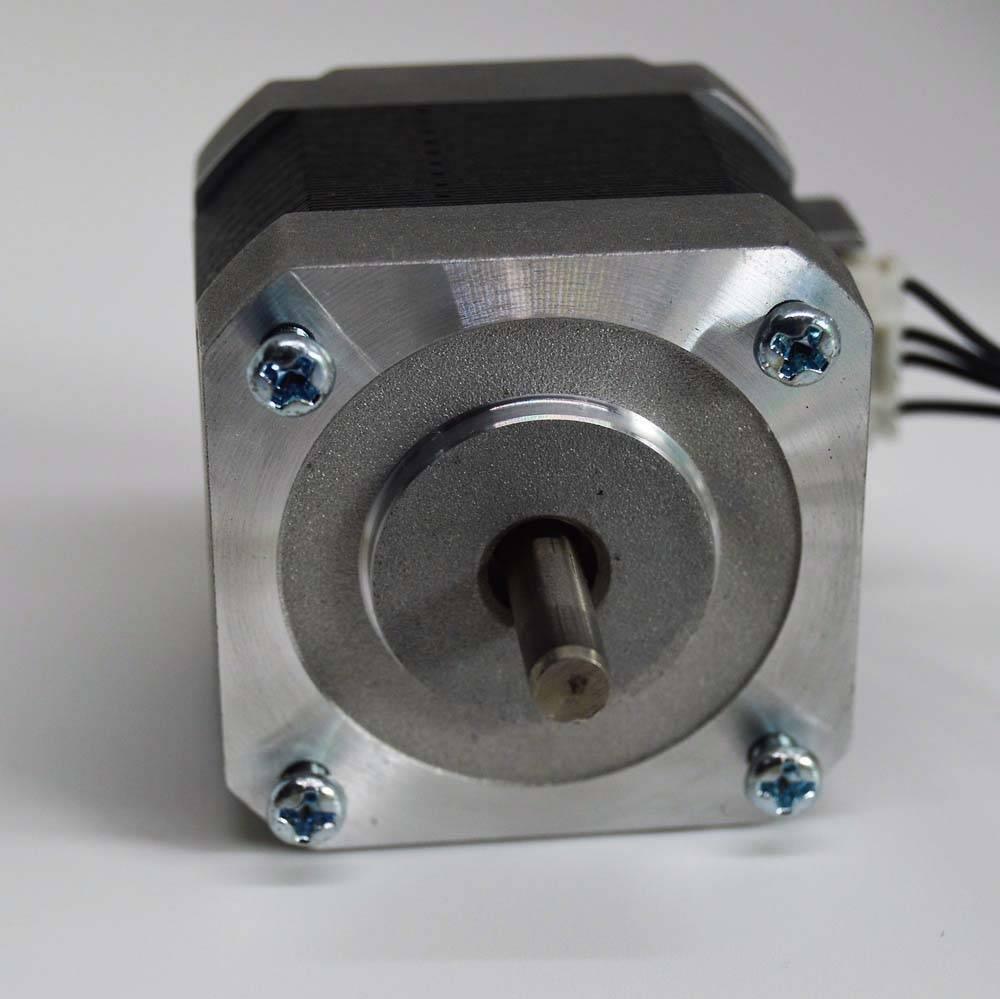 NEMA 17 4 Wire Stepper Motor NEMA17 Stepper Motor REFIRBISHED - a close-up of the silver metal front face, the central rotating shaft, and four mounting screws.