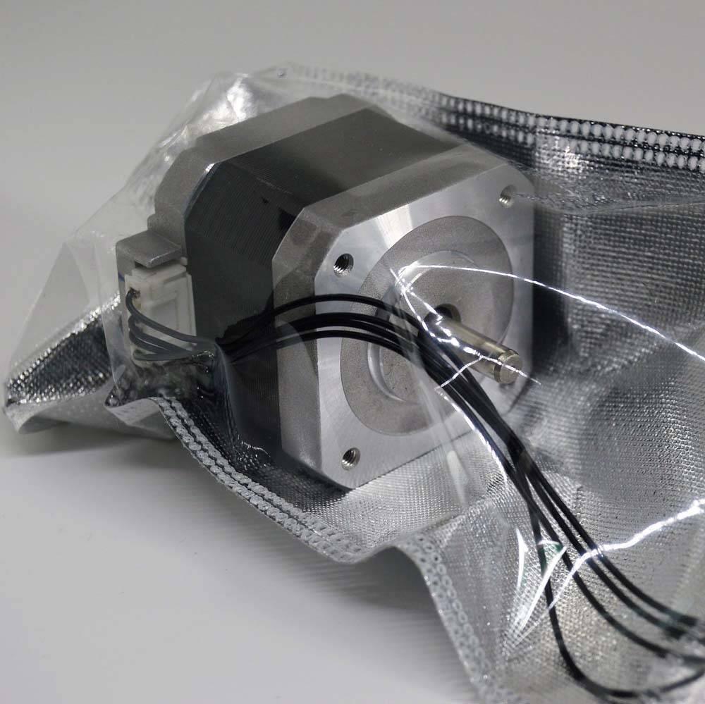 NEMA 17 4 Wire Stepper Motor NEMA17 Stepper Motor REFIRBISHED - shown inside a clear and silver anti-static packaging bag with an attached white connector and black wires.