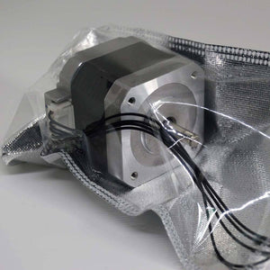 NEMA 17 4 Wire Stepper Motor NEMA17 Stepper Motor REFIRBISHED - shown inside a clear and silver anti-static packaging bag with an attached white connector and black wires.