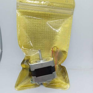 NEMA 17 Single Shaft 1.8 Degree Compact Powerful Stepper Motor - shown inside a gold-coloured anti-static zip-lock bag.