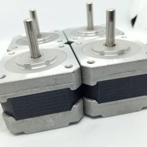 NEMA 17 Single Shaft 1.8 Degree Compact Powerful Stepper Motor - four silver and black square stepper motors arranged in a group.
