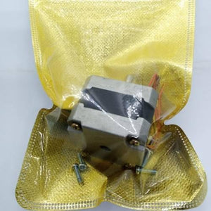 NEMA 17 Single Shaft 1.8 Degree Compact Powerful Stepper Motor - shown inside a gold anti-static bag with two small metal screws placed below it.