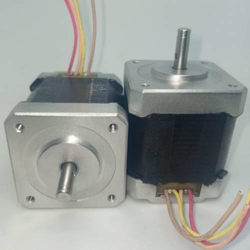 NEMA 17 Stepper Motor: Bipolar 1.8 Degree, 1.6 Ohm For 3d Printer Robotics 4 Wire - two silver and black square-bodied stepper motors with protruding metal shafts and four multi-coloured wires extending from each.