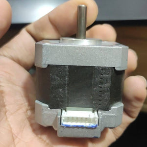 NEMA 17 Stepper Motor Dual Shaft Model B-2381715B - the grey metal housing, the top shaft, and a white six-pin connector port.