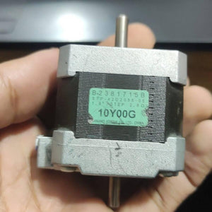 NEMA 17 Stepper Motor Dual Shaft Model B-2381715B - a grey metal body with a green label detailing model specifications and 1.8° step.