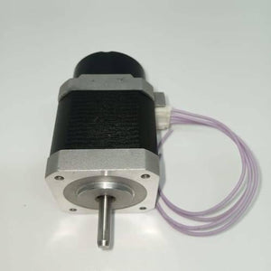 NEMA 17 Stepper Motor FK2-8503-000 For CNC And 3D Printer - a black and silver square motor with a central metal shaft and a white connector with four purple wires.