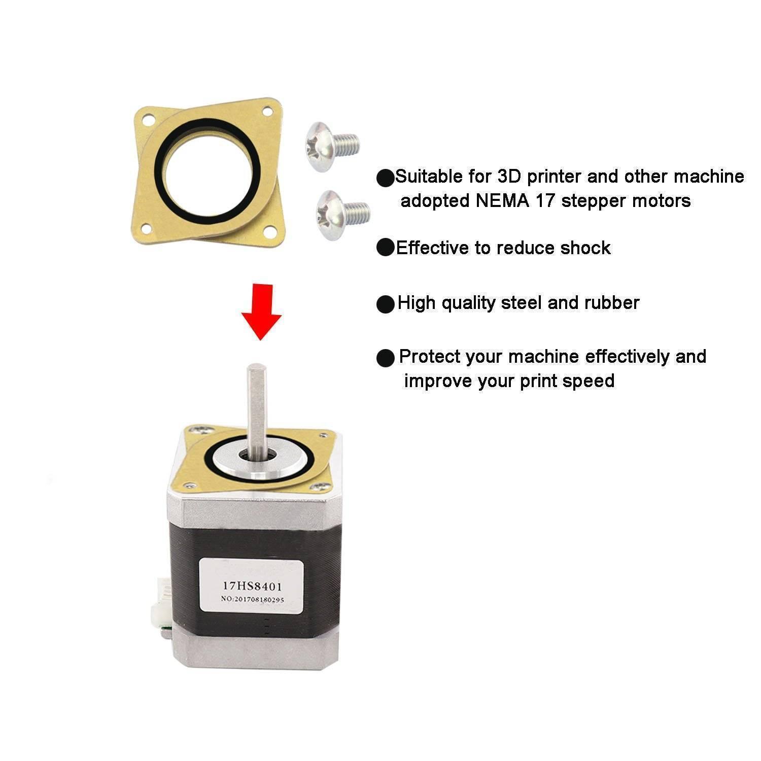 NEMA Stepper Motor Steel And Rubber Vibration Dampers For 3d Printer - a metal and rubber damper, two screws, and a NEMA 17 stepper motor labeled 17HS8401.