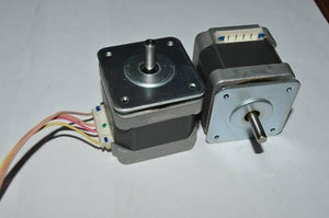 NEMA17 NEMA 17 Stepper Motor For 3D Printer And CNC - two square silver and black motors with central rotating shafts and white electrical connector ports with attached wires.