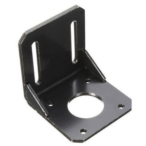 NEMA17 Stepper Motor Alloy Steel Mounting Bracket For CNC & 3d Printer - a black L-shaped metal bracket with a central circular hole, four mounting holes, and two vertical slots.