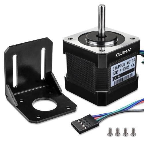 NEMA17 Stepper Motor Alloy Steel Mounting Bracket For CNC & 3d Printer - a black stepper motor, a black L-shaped metal bracket, a four-pin connector, and four screws.